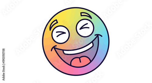 Vibrant rainbow emoji bursting with joy and laughter in a cheerful cartoon style isolated on white