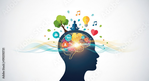 A creative vector illustration of a human head with a colorful brain and various symbols floating above it, representing imagination and thought.