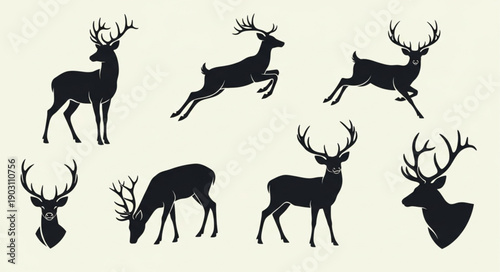 Collection of Deer Silhouettes in Various Poses.