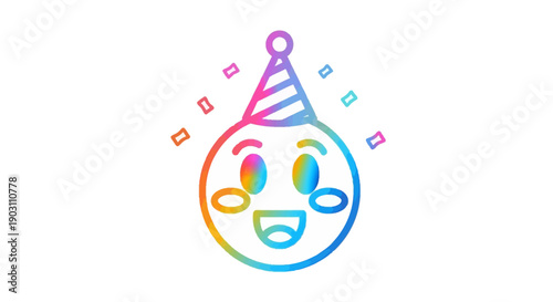 A vibrant rainbow-colored party emoji celebrating with confetti on a clean white background