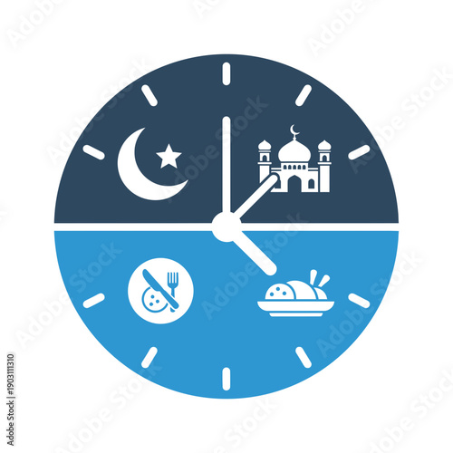 Islamic fasting and prayer schedule represented by a clock with mosque, moon, star, and food icons.