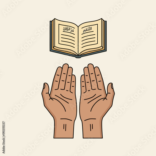 Illustration of an open holy book with Arabic script above two hands in a prayer gesture.
