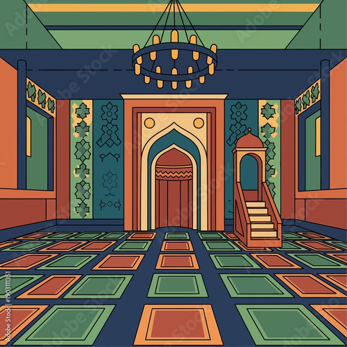 Detailed illustration of a mosque interior with a grand chandelier, mihrab, minbar, and colorful prayer mats on the floor.