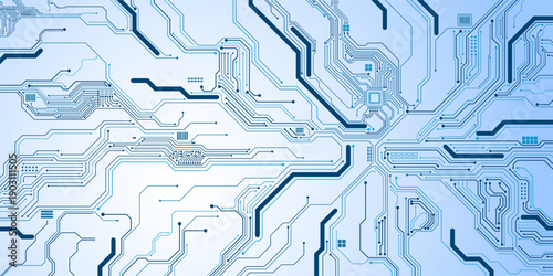 Abstract AI circuit board background. Technology connected blue lines with electronics elements on tech bg. Computer motherboard with a chip, processor, and semiconductor. Digital vector illustration