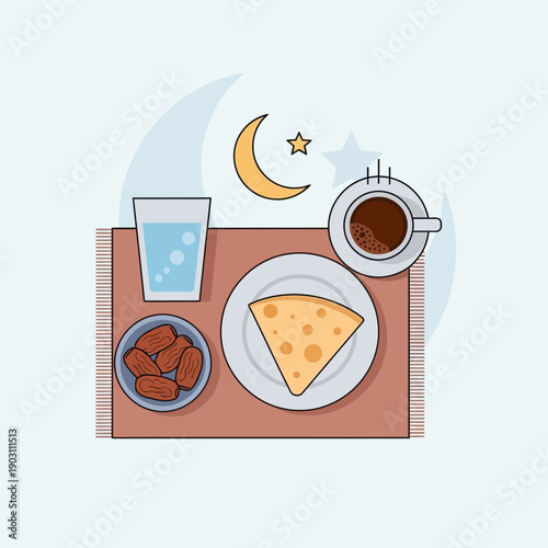 A top-down illustration of an Iftar or Suhoor meal with dates, water, flatbread, and coffee, set against a crescent moon and star.