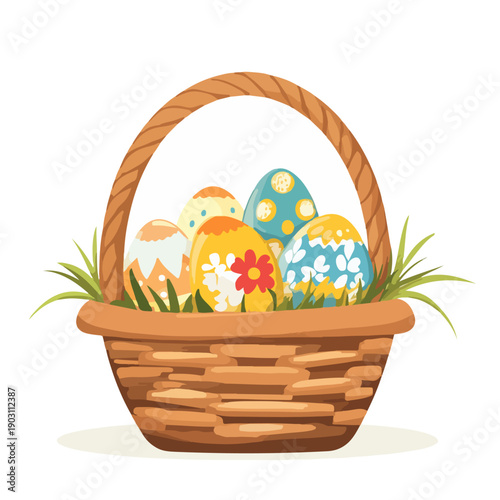 Easter vector illustration of a wicker basket filled with colorful decorated eggs and green grass, isolated on a white background. Holiday design.
