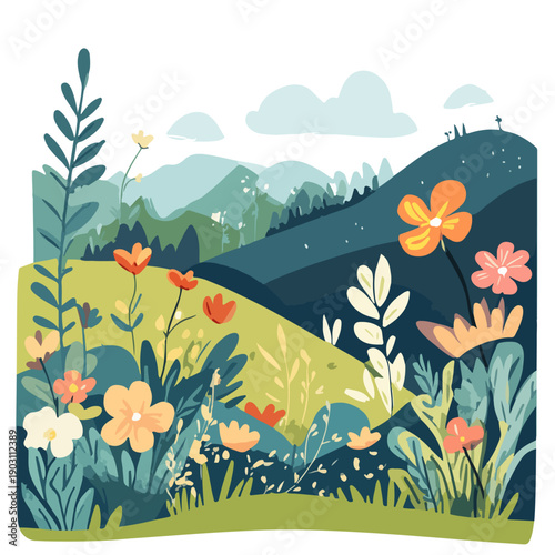 Flat vector illustration of a spring mountain landscape with rolling green hills, blooming wildflowers, and blue peaks under a soft cloudy sky.