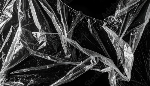 A close-up view of crumpled, transparent plastic film against a dark background, showcasing textures