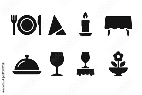 Party Table Icons. Party table setup. Filled icon set of Party table setup: cutlery set, plate, napkin, candle