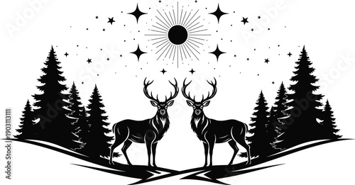 Artistic Silhouette Illustration of Two Stags in a Pine Forest Under a Radiant Sun and Starry Night Sky for Wilderness and Nature Enthusiasts. (24 words)
