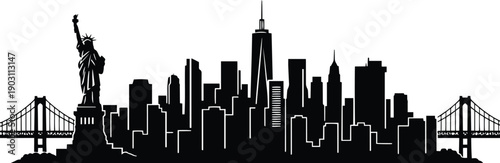 Iconic silhouette of new york city skyline with statue of liberty and bridges