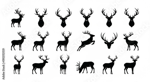 Collection of Deer Silhouettes in Various Poses and Headshots.