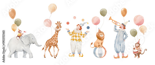 Cute circus animals set, watercolor illustrations for nursery. Baby giraffe, lion, elephant, seal and monkey with balloons and garlands. Hand drawn circus clipart collection isolated on white.