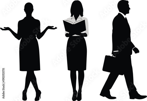 Three professionals in different poses with business attire silhouettes