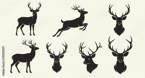 Collection of Deer Silhouettes in Various Poses and Headshots.