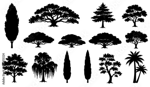 Wild forest tree silhouette vector set in black and white with expressive natural shapes isolated on white background