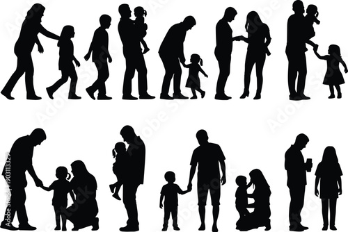 Diverse silhouettes of people engaging in various family and social interactions.