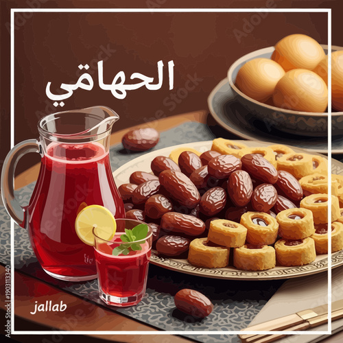 A traditional Middle Eastern breakfast or Iftar spread featuring a pitcher of jallab, dates, pastries, and eggs on a dark table.