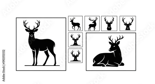 Collection of Deer Silhouettes Standing and Lying Down.