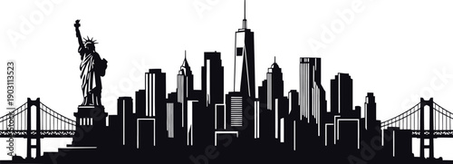 Silhouette of new york city skyline with iconic landmarks and bridges