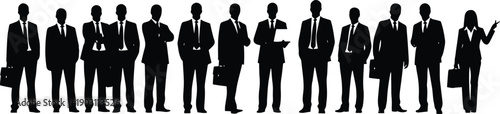 Group of business professionals standing in a formal line with briefcases and ties.
