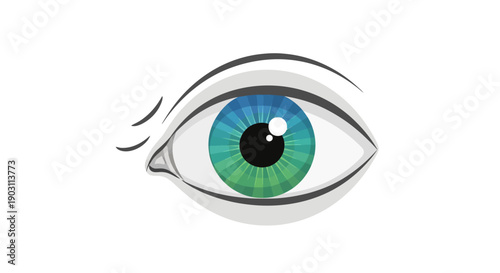 A vibrant cartoon illustration of a human eye with striking blue-green iris and pupil against white