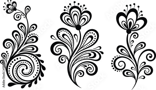 Elegant black and white floral decorative motifs in symmetrical designs