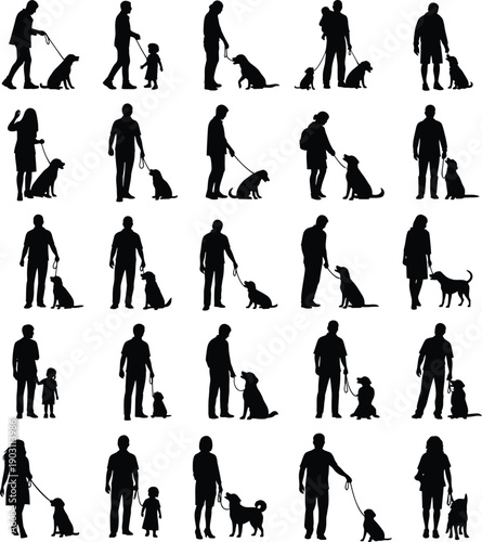 Diverse silhouettes of people walking dogs in various poses and styles