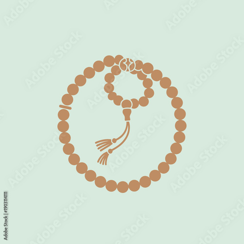 Stylized illustration of prayer beads with a tassel, forming a circular shape on a light green background.