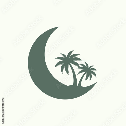 A crescent moon with two palm trees on a small island silhouette.