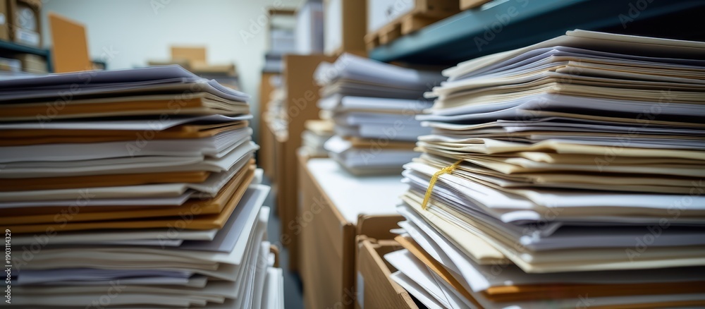 Fototapeta premium Cluttered office space filled with stacks of paperwork and files.