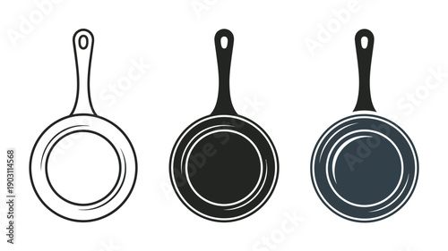 Three stylized frying pans in black and white and dark blue