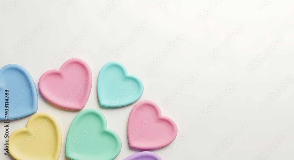 Fototapeta premium Colorful heart-shaped objects scattered on a plain surface from a top-down viewpoint