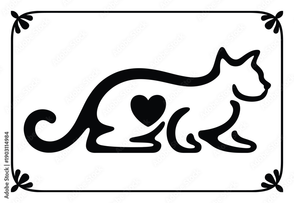 Naklejka premium Stylized black cat silhouette with a heart inside, framed by decorative corners
