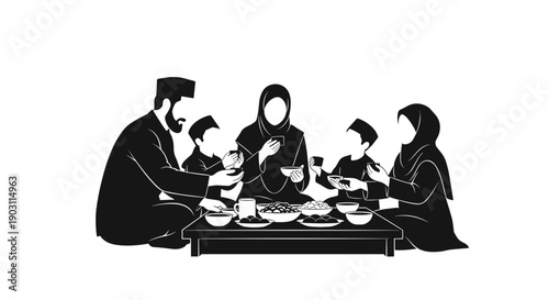 Family Gathering Around Dinner Table Illustration.