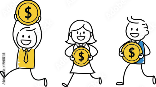 Stick Figures Celebrating Financial Success with Dollar Coins