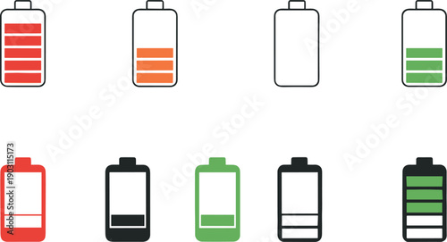 Battery charge level icons set with various power status indicators vector illustration