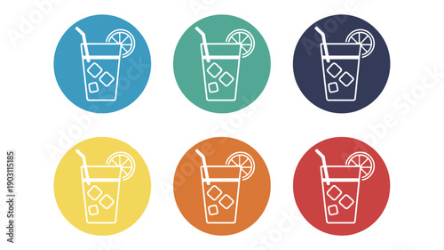 Six colorful of iced drinks with lemon slices and straws