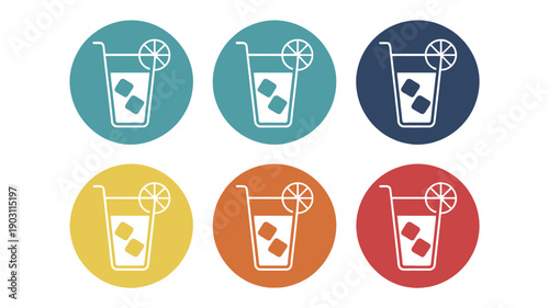 Six Colorful of a Refreshing Drink with Ice and Lemon Slice