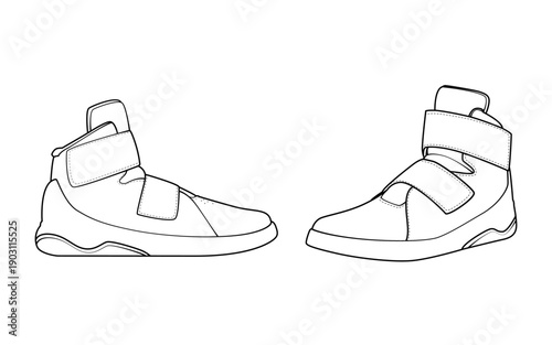 Set of two high-top sneakers. Side and perspective view of a futuristic street fashion shoe with velcro straps and stitching detail. Continuous line drawing isolated on white background.