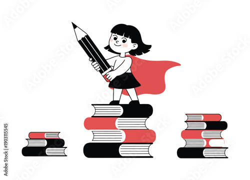 Little girl in red cape stands on books holding a giant pencil, symbolizing education and creativity