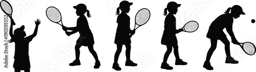 Young girl tennis silhouettes practicing strokes and ball control, youth athlete training poses collection, black figures isolated