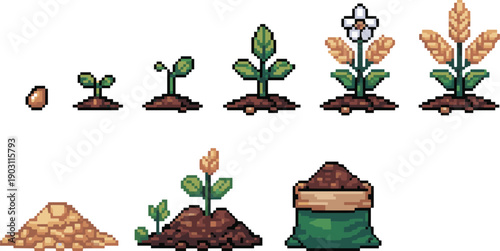 Pixel art plant growth stages set, seed sprout flower wheat harvest soil bag, farming agriculture concept, retro game style illustration