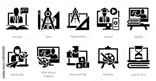 A set of 10 mix icons as formula, tools, trignometry