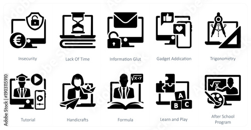 A set of 10 mix icons as insecurity, lack of time, information glut