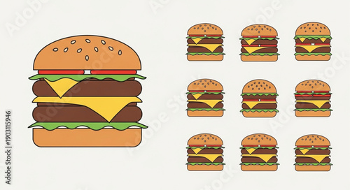 Collection of delicious cheeseburgers with fresh ingredients.