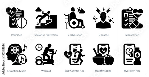 A set of 10 mix icons as insurance, seniorfall prevention, rehabilitation