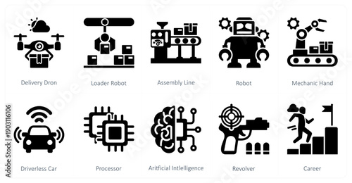 A set of 10 mix icons as delivery drone, loader robot, assemble line