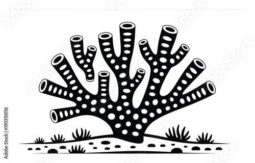 Black and White Illustration of a Branching Coral with Small Plants and Rocks