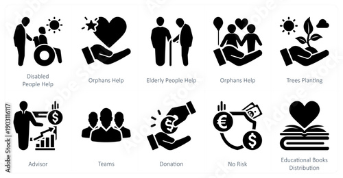 A set of 10 mix icons as disabled people help, orphans help, elderly people help